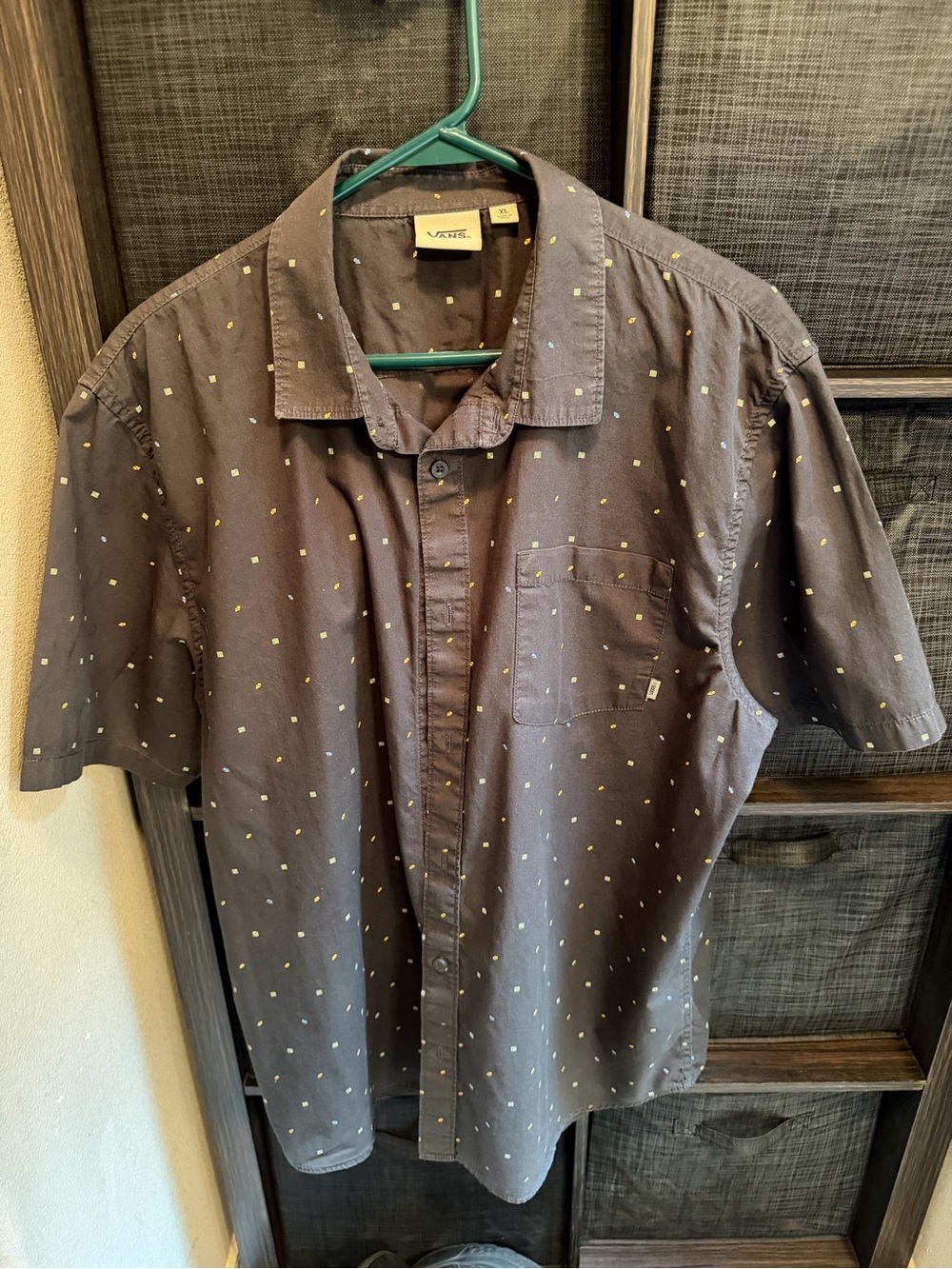 Vans Men's Short-Sleeve Button-Down Shirt in Charcoal with Yellow Dot Print